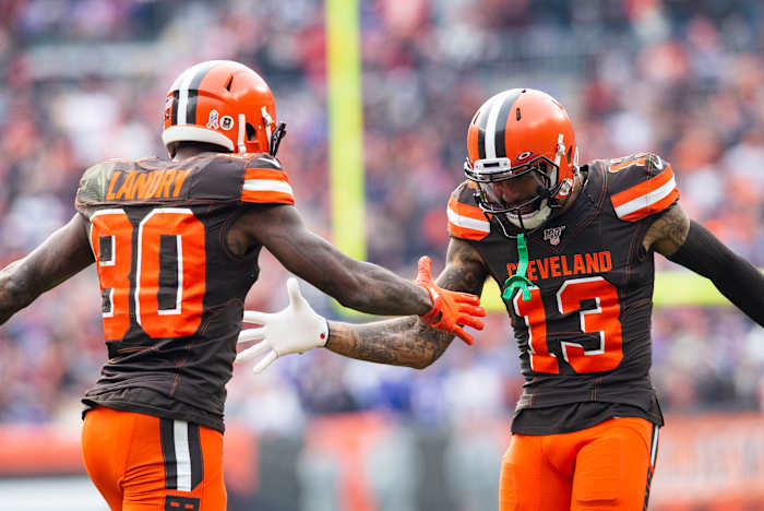 Browns wide receivers Jarvis Landry (80) and Odell Beckham Jr. (13) became the first pair of wide receivers in Browns history to each gain at least 1,000 yards in the same season.